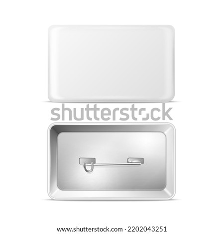 Vector 3d Realistic Rectangular White Metal, Plastic Blank Empty Button Badge Icon Isolated. Button Pin Badge. Glossy Brooch Pin. Front View - Front and Back Side. Template for Branding, Mock-up