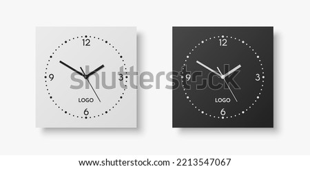 Vector 3d Realistic White, Black Square Wall Office Clock Set, Design Template Isolated on White. Dial with Roman Numerals. Mock-up of Wall Clock for Branding and Advertise Isolated. Clock Face Design