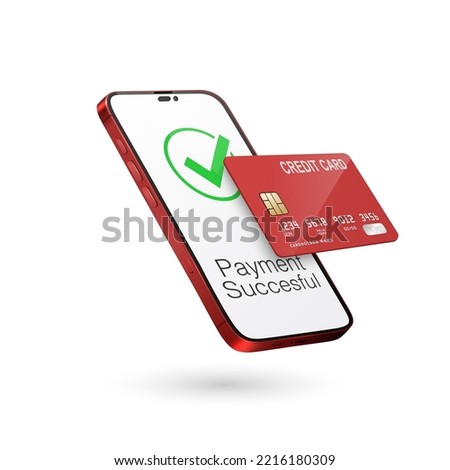 Vector 3d Realistic Red Smartphone, Credit Card, Wi-Fi Successful Payment. Concept of Payment for Purchases by Card, Online Shopping. Design Template, Bank POS Terminal, Mockup. Processing NFC Device