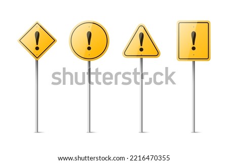 Vector Yellow Warning, Danger Stop Sign Frame with an Exclamation Mark in Full Length Icon Set Isolated. Rhombus, Circle, Triangle, Rectangle Dangerous Sign Collection. Design Template of Road Sign