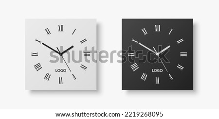 Vector 3d Realistic White, Black Square Wall Office Clock Set, Design Template Isolated on White. Dial with Roman Numerals. Mock-up of Wall Clock for Branding and Advertise Isolated. Clock Face Design Сток-фото © 