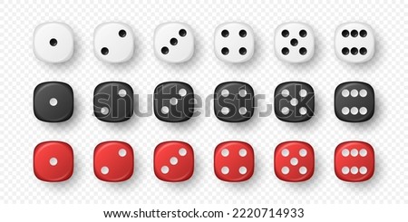 Vector 3d Realistic White, Black, Red Game Dice Icon Set Closeup Isolated. Game Cubes for Gambling, Casino Dices From One to Six Dots, Round Edges