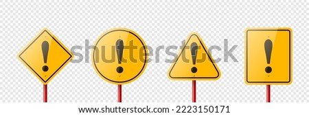 Vector Yellow Warning, Danger Stop Sign Frame with an Exclamation Mark Icon Set Isolated. Rhombus, Circle, Triangle, Rectangle Dangerous Sign Collection. Design Template of Road Sign