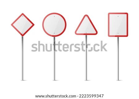 Vector White and Red Warning, Danger Stop Sign Frame Icon Set Isolated. Rhombus, Circle, Triangle, Rectangle Dangerous Sign Collection. Design Template of Road Sign