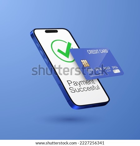 Vector 3d Realistic Blue Smartphone, Credit Card, Wi-Fi Successful Payment. Concept of Payment for Purchases by Card, Online Shopping. Design Template, Bank POS Terminal, Mockup. Processing NFC