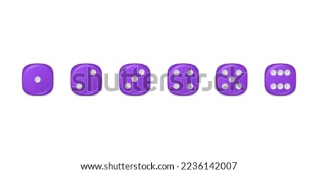 Vector 3d Realistic Purple Game Dice Icon Set Closeup Isolated. Game Cubes for Gambling, Casino Dices From One to Six Dots, Round Edges