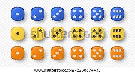 Vector 3d Realistic Blue, Yellow, Orange Game Dice Icon Set Closeup Isolated. Game Cubes for Gambling, Casino Dices From One to Six Dots, Round Edges