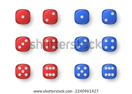 Vector 3d Realistic Blue and Red Game Dice Icon Set Closeup Isolated. Game Cubes for Gambling, Casino Dices From One to Six Dots, Round Edges