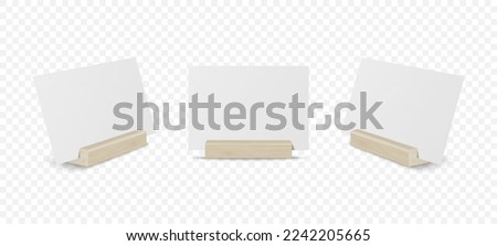 Vector 3d Realistic White Empty Blank Paper Sheet, Card on Wooden Holder, Stand Icon Set Closeup Isolated. Design Template for Mockup, Menu Frame, Booklets. Acrylic Tent Card. Front, Side View