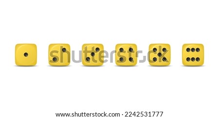 Vector 3d Realistic Yellow Game Dice Icon Set Closeup Isolated. Game Cubes for Gambling, Casino Dices From One to Six Dots, Round Edges