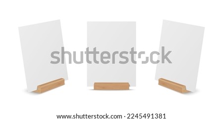 Vector 3d Realistic White Blank A4 Vertical Paper Sheet, Card on Wooden Holder, Stand Icon Set Closeup Isolated. Design Template for Mockup, Menu Frame, Booklets. Acrylic Tent Card. Front, Side View