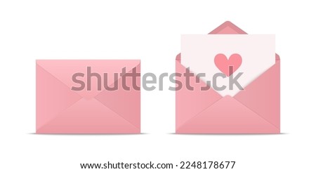 Vector 3d Realistic Closed, Opened Pink Envelope with Heart Icon Set Closeup Isolated. Envelope with Paper Sheet Inside. Invitation, Message, Letter Template. Design Template for Valentines Day Card