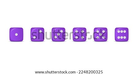 Vector 3d Realistic Purple Game Dice Icon Set Closeup Isolated on White Background. Game Cubes for Gambling, Casino Dices From One to Six Dots, Round Edges