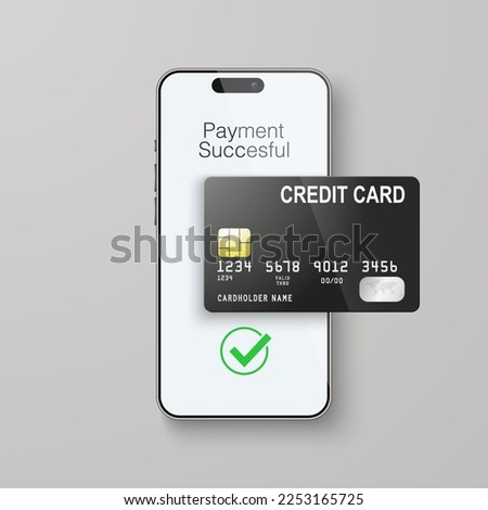 Vector 3d Realistic Smartphone and Credit Card, Wi-Fi Successful Payment. Concept of Payment for Purchases by Card, Online Shopping. Design Template, Bank POS Terminal, Mockup. Processing NFC Device