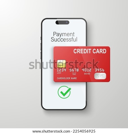 Vector 3d Realistic Smartphone and Credit Card, Wi-Fi Successful Payment. Concept of Payment for Purchases by Card, Online Shopping. Design Template, Bank POS Terminal, Mockup. Processing NFC Device