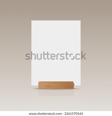 Vector 3d Realistic White A4 Vertical Empty Blank Paper Sheet, Card on Wooden Holder, Stand Icon Closeup. Design Template for Mockup, Menu Frame, Booklets. Acrylic Tent Card. Front, Side View