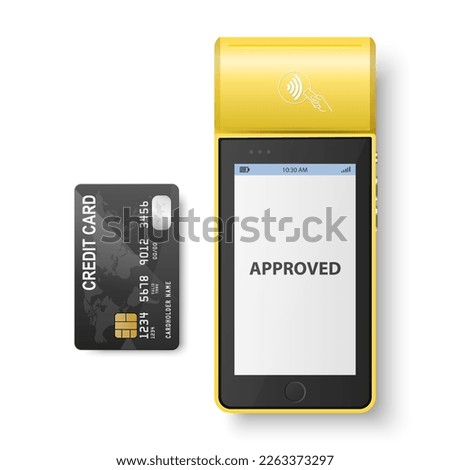 Vector 3d Yellow NFC Payment Machine, Approved Status and Credit Card Isolated. Wi-fi, Wireless Payment. POS Terminal, Machine Design Template of Bank Payment Contactless Terminal, Mockup. Top VIew