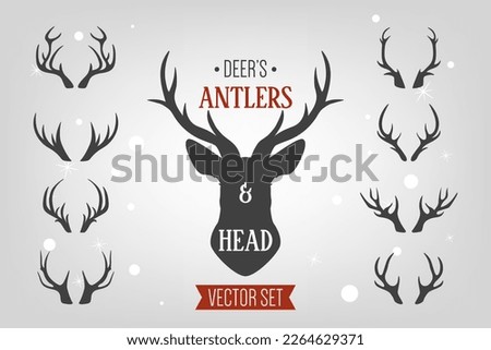 Reindeer Horns, Antlers. Deer Horn Silhouettes. Hand Drawn Deers Horn, Antler Set. Animal Antler Collection. Design of Deer. Wildlife Hunters, Hipster, Christmas, New Year concept. Vector Illustration