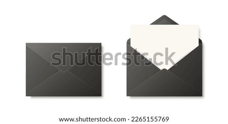 Vector Realistic Blank Black Closed, Opened Envelopes with Letter Inside. Folded, Unfolded White Envelope Icon, Mockup Set Closeup Isolated. Message, Alert, Congratulations, Surprise, Secret Concept