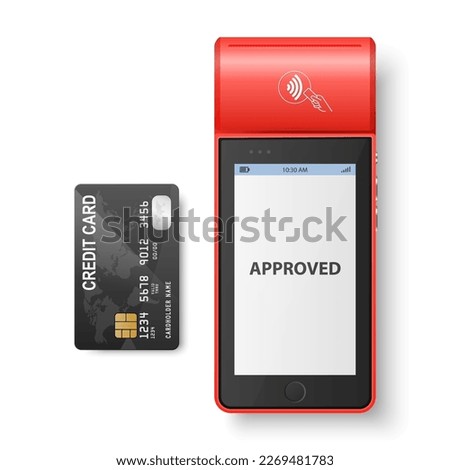 Vector 3d Red NFC Payment Machine, Approved Status and Credit Card Isolated. Wi-fi, Wireless Payment. POS Terminal, Machine Design Template of Bank Payment Contactless Terminal, Mockup. Top VIew