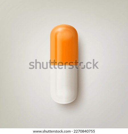 Vector 3d Realistic Orange and White Pharmaceutical Medical Pill, Capsule, Tablet on White Background. Front View. Copy Space. Medicine, Health Concept