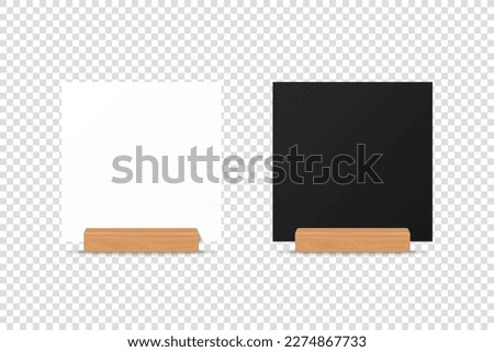Vector 3d Realistic White and Black Square Blank Paper Sheet, Card on Wooden Holder, Stand. Design Template for Mockup, Menu Frame, Booklets. Acrylic Tent Card. Front View