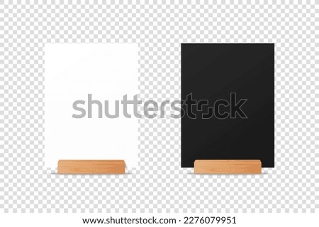 Vector 3d Realistic White and Black A4, A5 Vertical Blank Paper Sheet, Card on Wooden Holder, Stand. Design Template for Mockup, Menu Frame, Booklets. Acrylic Tent Card. Front View