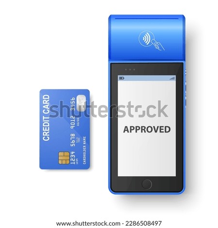 Vector 3d Bue NFC Payment Machine with Approved Status and Blue Credit Card. Wi-fi, Wireless Payment. POS Terminal, Machine Design Template of Bank Payment Contactless Terminal, Mockup. Top View
