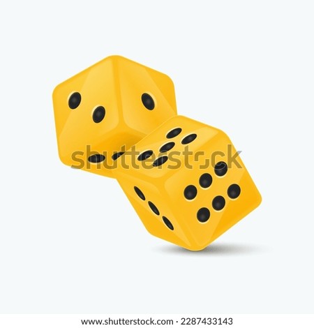 Vector 3d Realistic Yellow Game Dice with Black Dots Set Closeup Isolated on White Background. Game Cubes Couple for Gambling in Different Positions, Casino Dices, Round Edges