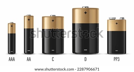 Vector 3d Realistic Black and Yellow Alkaline Battery Icon Set Closeup Isolated on White Background. Diffrent Size - AAA, AA, C, D, PP3. Design Template for Branding, Mockup. Vector Illustration