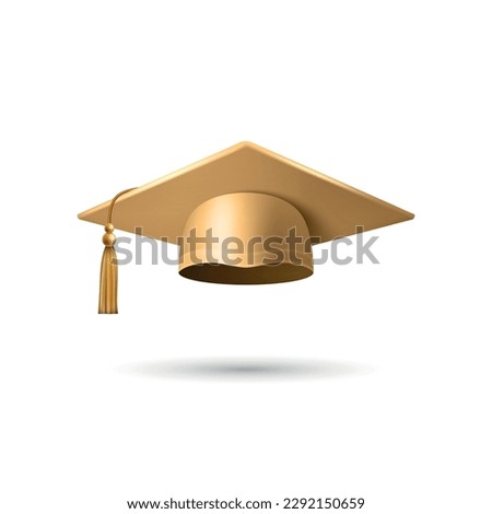 Vector 3d Realistic Brown, Yellow, Golden Graduate College, High School, University Black Cap Icon Closeup Isolated. Vector Degree Ceremony Hat. Educational Student Symbol, Hat. Front View