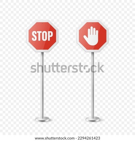 Stop. Vector White and Red Round Glossy Prohibition Stop Sign Icon Set - Warning, Danger Sign Frame Icon Closeup Isolated on White Background. Dangerous Plate Design Template of Road Sign, Front View