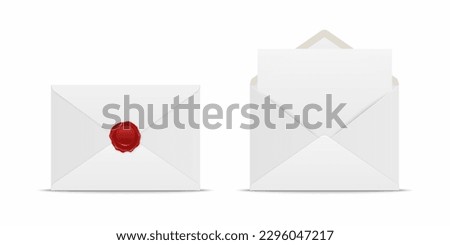 Vector Realistic White Closed Envelope with Red Wax Seal and Opened Envelope with Letter Inside. Folded and Unfolded White Envelope Icon Set Isolated. Message, Alert, Surprise, Secret Concept
