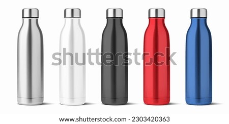 Vector Realistic 3d White, Silver, Black, Red, Blue Empty Glossy Metal Reusable Water Bottle with Silver Bung Set Closeup Isolated. Design template of Packaging Mockup. Front View