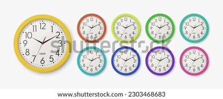 Vector Round Office Clock Icon, Wall Clock Set, Different Color Frames Closeup Isolated on White Background. Watches, Design Template, Mock-up for Branding, Advertise. Clock Dial, Front View