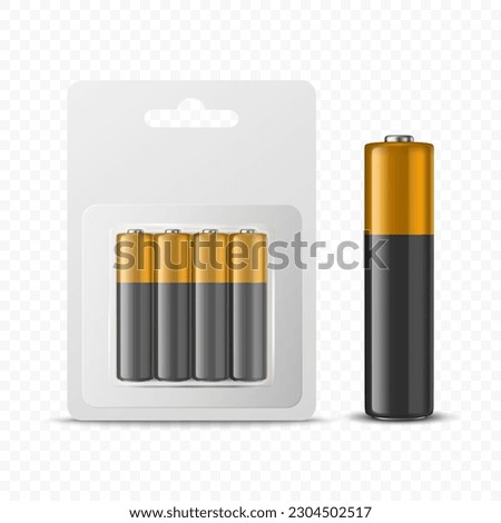 Vector 3d Realistic Four Alkaline Battery in Paper Blister and Single Battery Icon Closeup Set Isolated. AA Size, Vertical Position. Design Template for Branding, Mockup. Vector Illustration