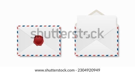 Vector White Closed and Opened Paper Envelope with Red Wax Seal and Blank Paper Letter Inside. Folded and Unfolded Envelopes Icon Set Isolated. Message, Alert, Surprise, Secret Concept