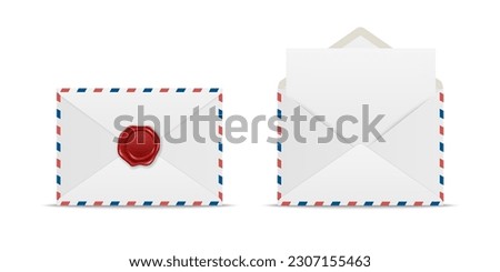 Vector Postal Envelope Set with Red Wax Seal, Blank Letter. Folded, Unfolded Isolated Envelopes. Design Template for Message, Notification, Mailing, Surprise, Congratulation Concept