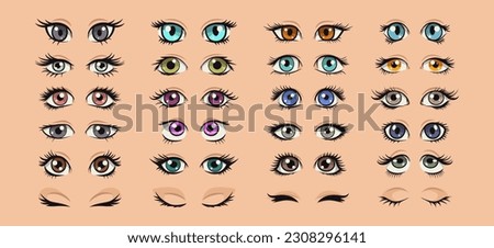 Vector Cartoon Female Eyes Collection. Beautiful Colored Women s Opened and Closed Eyes in Manga, Pop Art Comic Style. Different Girls Eyes with Eyelashes Design Template. Front View