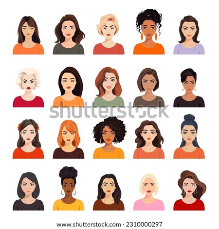 Vector Woman Avatar Set. Beautiful Young Girls Portrait Collection, Different Hairstyle. Female Expressing, Emotions, Different Nationalities. Cartoon Multiethnic Society in Flat Style. Front View