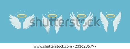 Vector White Angel Wing with Hole, Nimbus Icon Set. Vintage Angel Wings, Icons, Design Template, Clipart Collection. Cupid, Bird Wings. Vector illustration