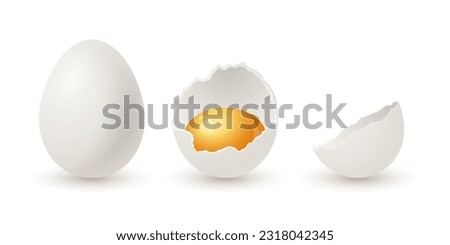 Vector 3d Realistic White Chicken Eggs. Whole and Broken Cracked Chicken Egg, Two Parts, Opened Crack Raw Chicken Egg With Yolk Isolated. Vector Eggs Isolated. Whole, Half Egg in Front View