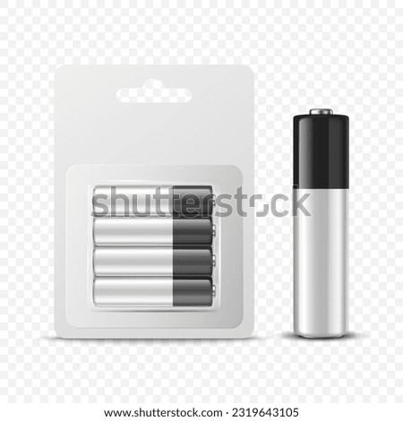 Vector 3d Realistic Four Alkaline Black and White Battery in Paper Blister and Battery Icon Closeup Set Isolated. AA Size, Horizontal Position. Design Template for Branding, Mockup