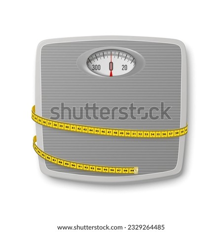 Vector 3d Realistic Bathroom Scales with Measuring Yellow Tape. Bathroom Body Weight Scales Closeup Isolated. Classic Retro Bathroom Floor Scale Design Template. The concept of Slimming, Weight Loss