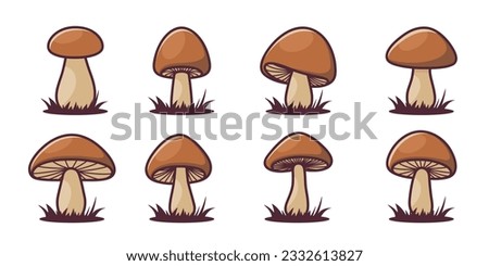 Vector Hand Drawn Cartoon Mushroom with Outline Icon Set Isolated. Brown Edible Boletus Mushroom Illustration, Mushrooms Collection. Magic Mushroom Symbol, Design Template