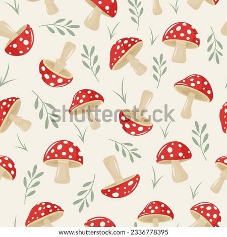 Vector Seamless Pattern with Hand Drawn Cartoon Flat Mushrooms on White Background. Amanita Muscaria, Fly Agaric Illustration, Mushrooms Collection. Magic Mushroom Symbol, Design Template
