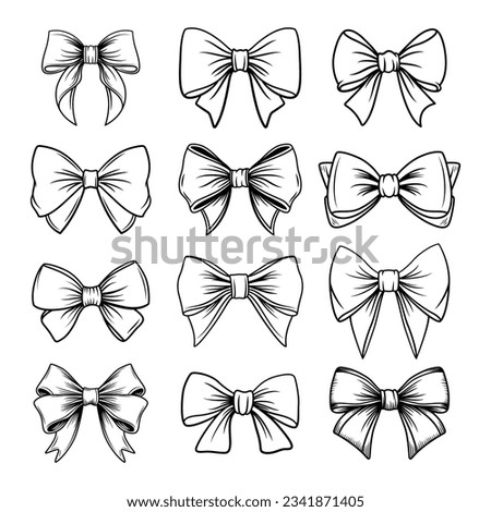 Vector Black and White Bow Tie or Gift Bow with Outline, Cut Out Icon Set Isolated on White Background. Bows Collection. Bow Design Template