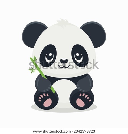 Flat Vector Cute Cartoon Panda Character with Bamboo. Funny Smiling Sitting Panda Bear in Front View