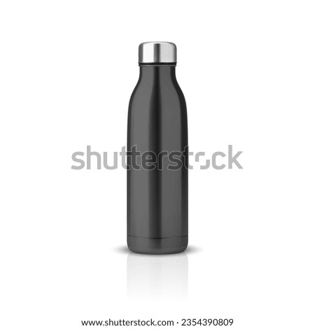 Vector Realistic 3d Black Empty Glossy Metal Reusable Water Bottle with Silver Bung Closeup Isolated. Design template of Packaging Mockup with Reflection. Front View