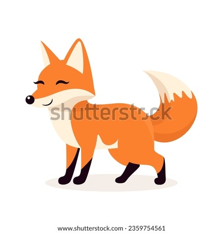 Flat Vector Cute Fox. Little Fox Icon. Adorable Walking Fox Cartoon Character Isolated on White Background, Side View